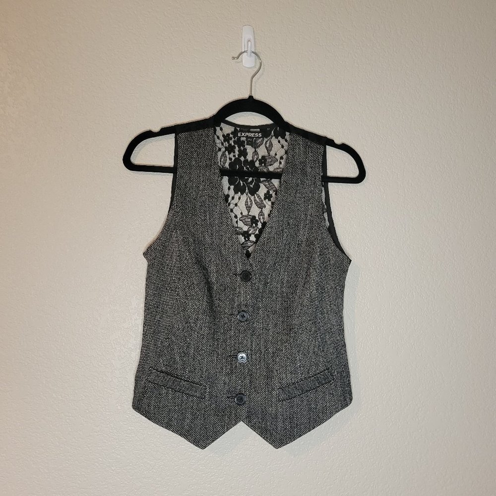 Like-New Women's Express Grey Tweed & Black Lace Vest, Size 4